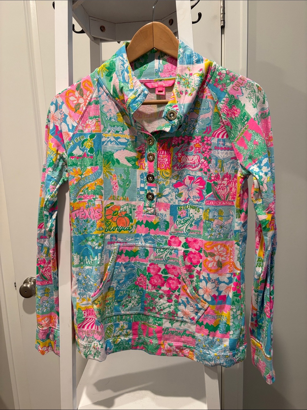 Lilly Pulitzer Patchwork Floral Henley Hoodie in Pink, Teal & Yellow